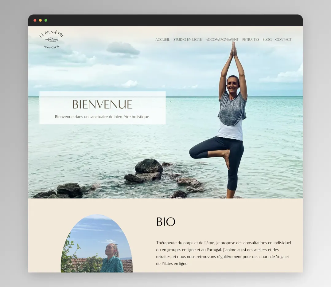 Gaëlle Blanquart's website with a yoga photograph