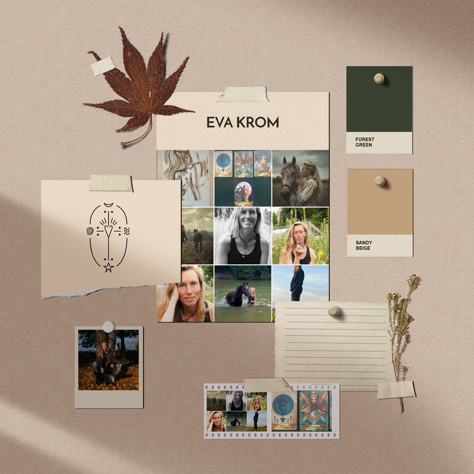 Eva Krom identity moodboard with colours, lettering and portraits