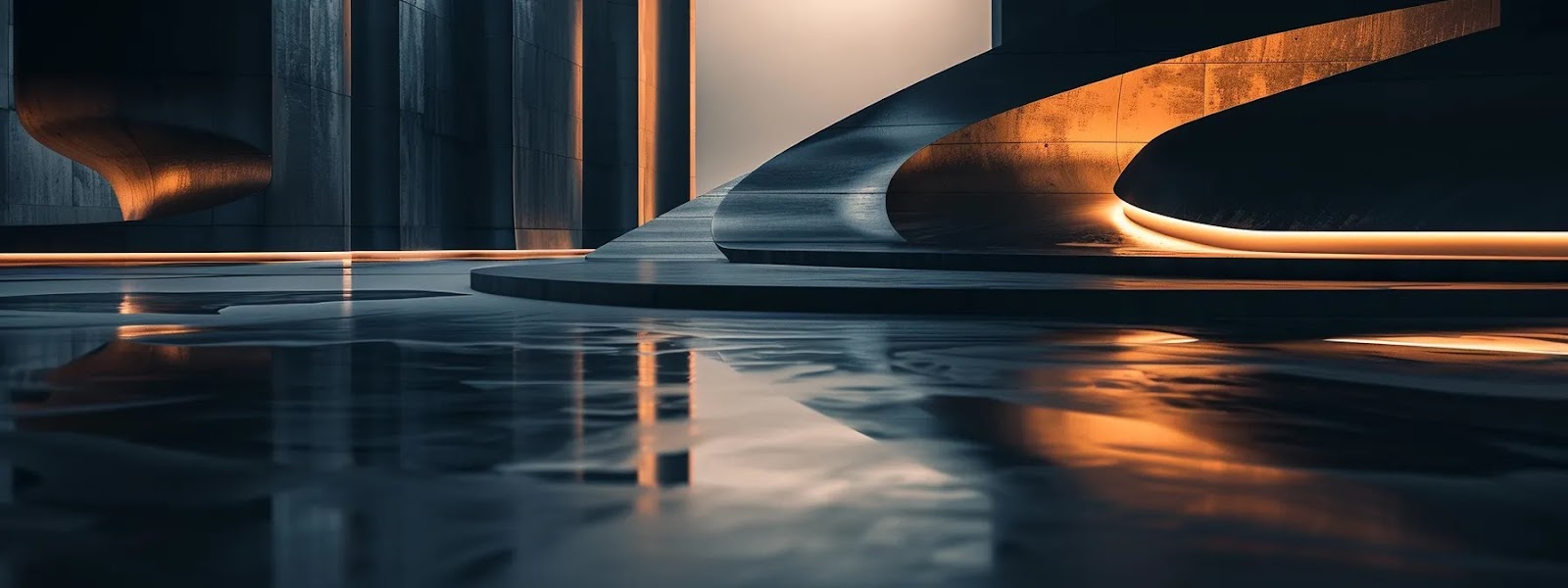 Illustration of a curved modern building with warm lighting