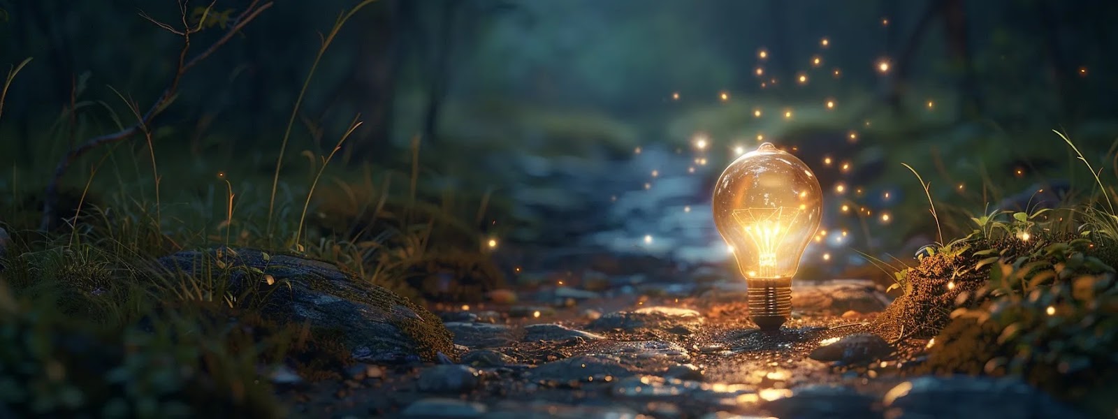 Illustration of a glowing light bulb on a forest path