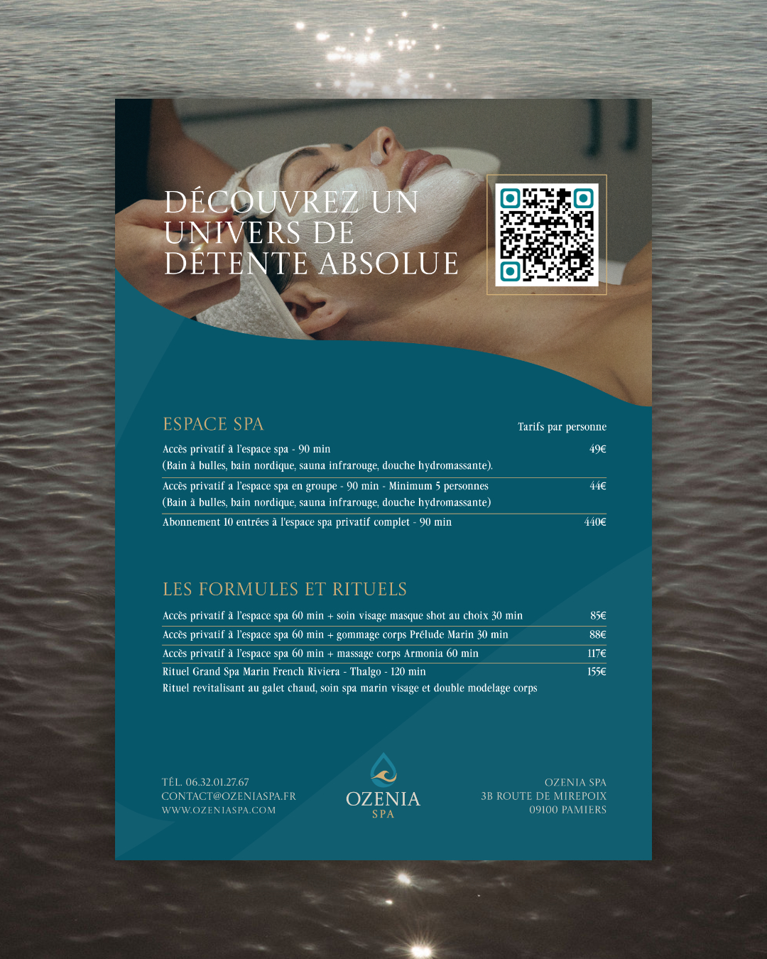 Ozenia Spa printed treatment flyer with teal branding