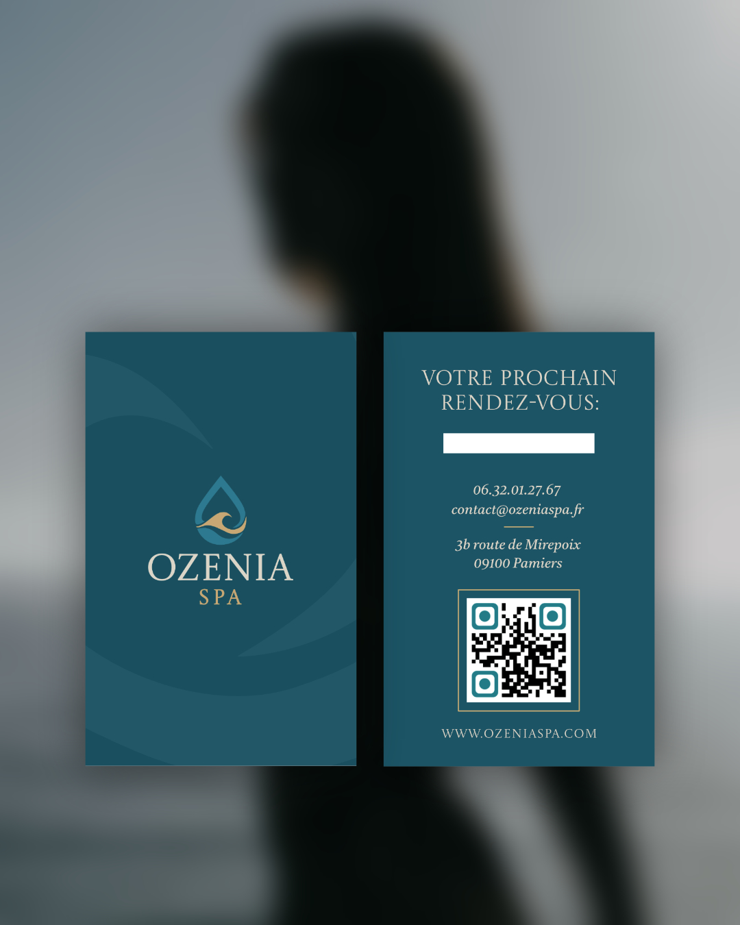 Ozenia Spa business cards with an appointment QR code